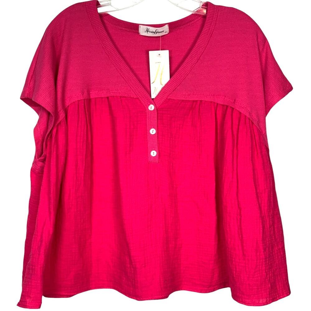 NWT Herring Stones Short Sleeve Mixed Fabric Swing Top Large Pink‎ Casual Spring
